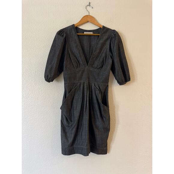 MYNK Hauteur Chambray Mini Dress Size S Dark Wash Plunge V-Neck Empire - Picture 2 of 9